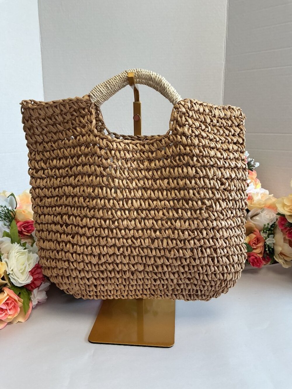 Mark & Graham Woven Straw Tote Natural Tan Ivory Wrapped Handles Coastal Resort - Picture 8 of 11